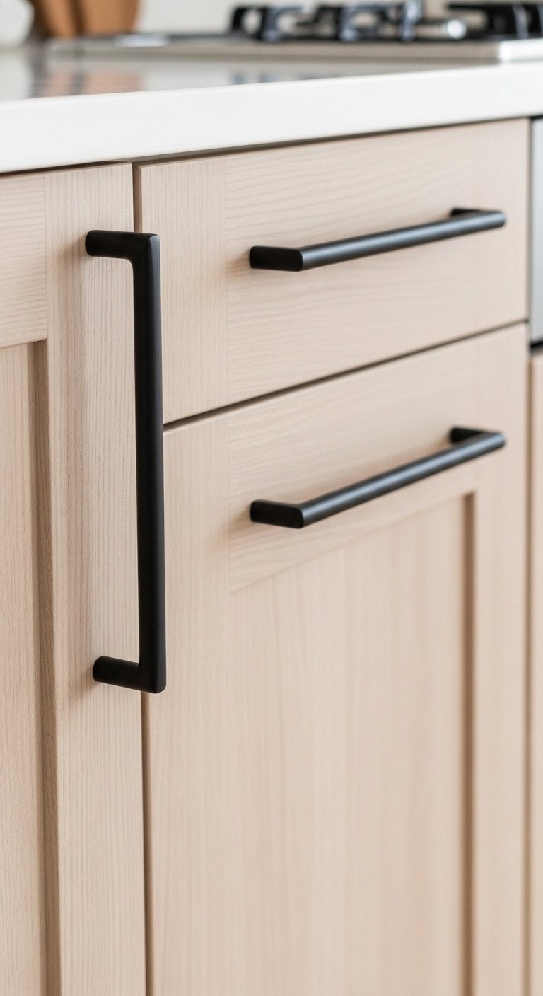 Sleek matte black cabinet handles on light wood cabinets showing clean lines and intentional decor