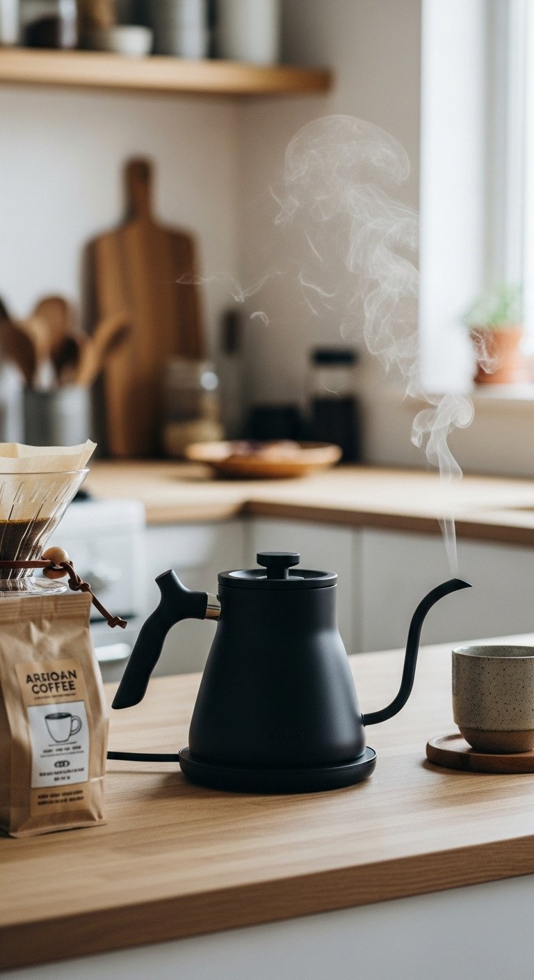 Sleek matte black electric gooseneck kettle with steam rising on a light wood countertop