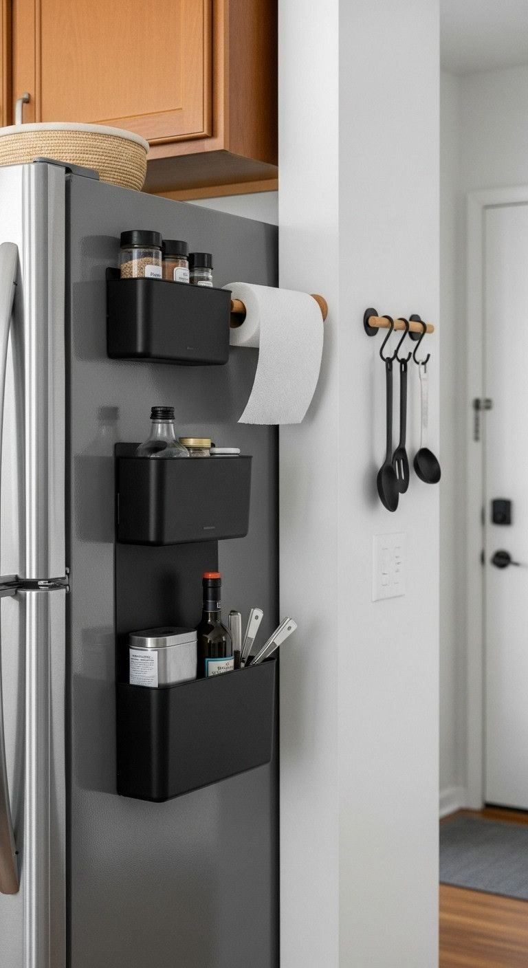 Sleek matte black magnetic organizer on a stainless steel refrigerator with spice jars and measuring spoons in a tidy kitchen.