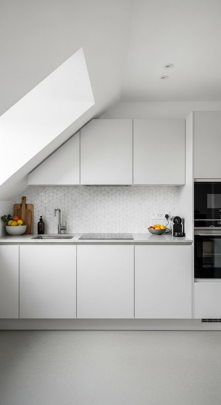 Sleek modern attic kitchen: single-wall layout with matte white cabinets, light grey quartz counter, integrated appliances. White sloped ceiling, concrete floor.