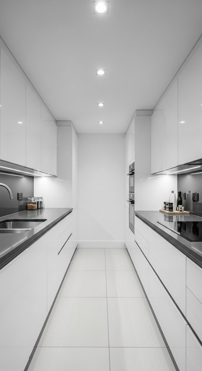 Sleek, modern galley kitchen featuring glossy white handleless cabinets, dark gray quartz counters, and elegant LED lighting.