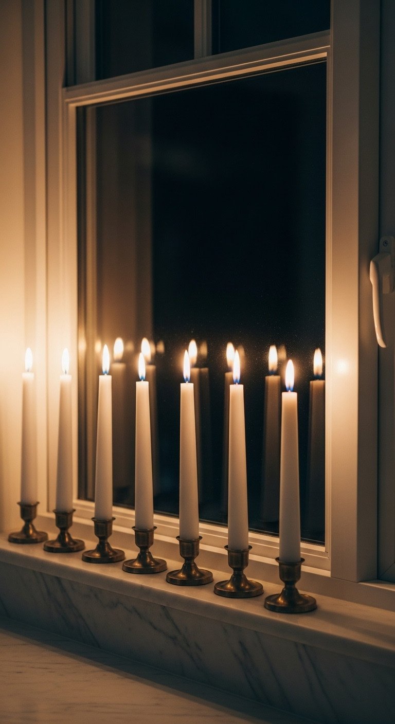 Christmas Kitchen Window Decor Ideas That Are Stunning And Safe 9 Sleek modern kitchen window with hanging glass & silver geometric ornaments. Elegant minimalist decor, marble countertop.