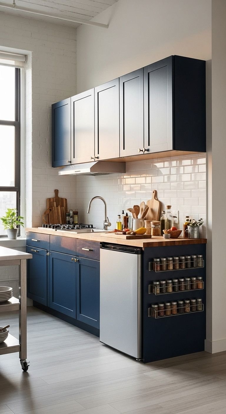 9 Genius Small Kitchen Layouts That Maximize Every Inch 5 Sleek single-wall kitchen with navy blue cabinets, butcher block counter, stainless steel appliances, white brick wall.