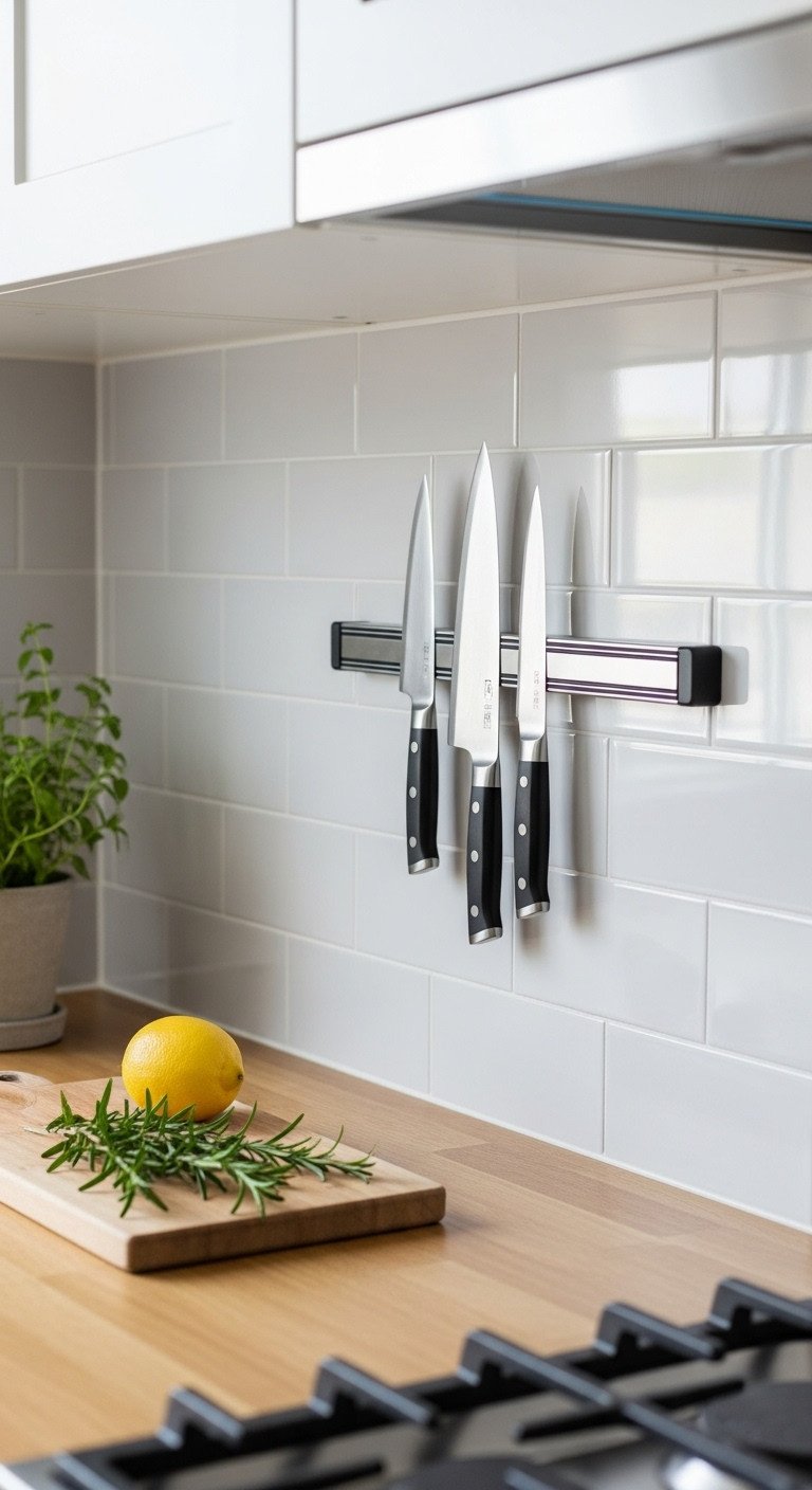 Sleek stainless steel magnetic knife strip on light gray tiled backsplash holding Japanese chef's knives in bright daylight