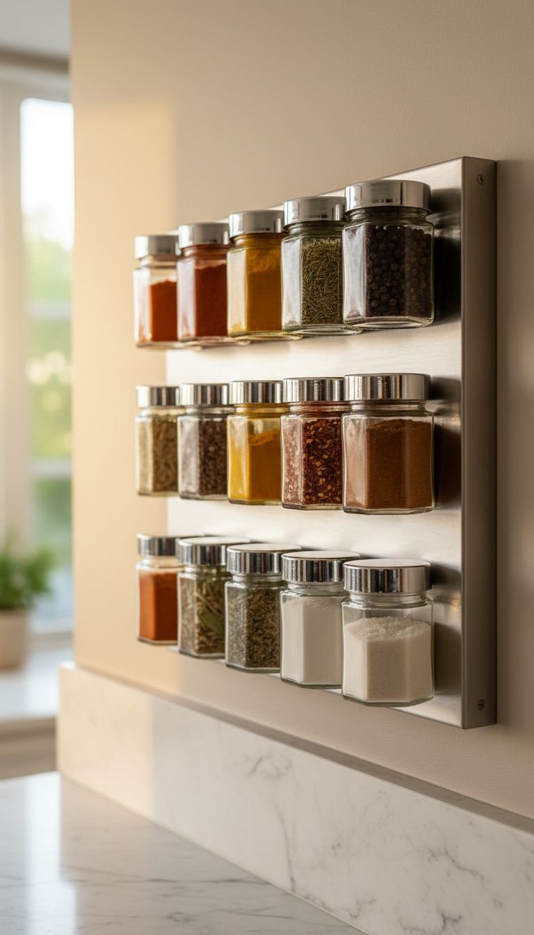 Sleek stainless steel magnetic spice rack on kitchen wall, with hexagonal glass jars of colorful spices. Organized storage.