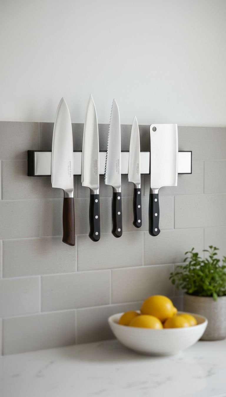 Brilliant Budget Apartment Kitchen Ideas That Look Expensive 15 Sleek wall-mounted magnetic knife strip with chef's knives, freeing up counter space in an organized, modern kitchen.
