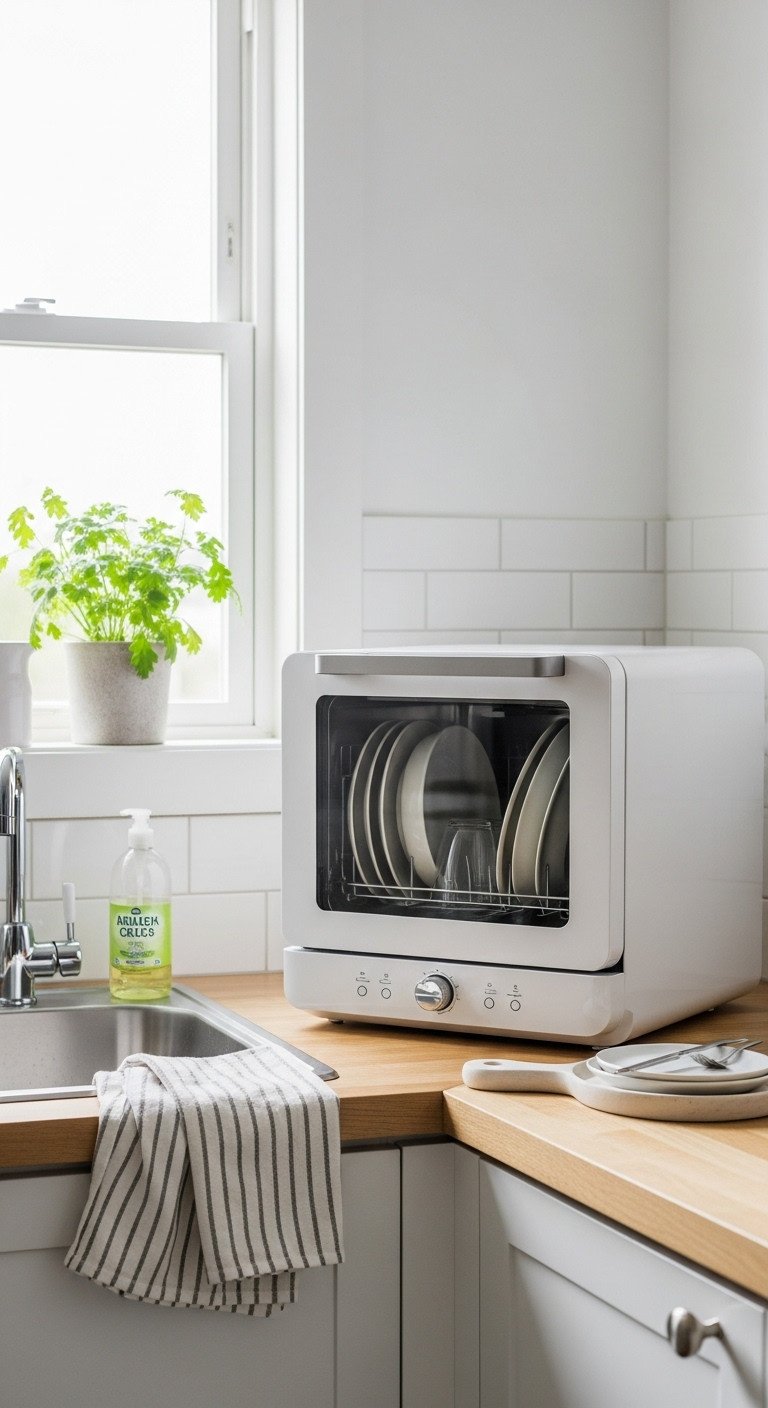 Sleek white countertop dishwasher with sparkling clean dishes next to a small kitchen sink