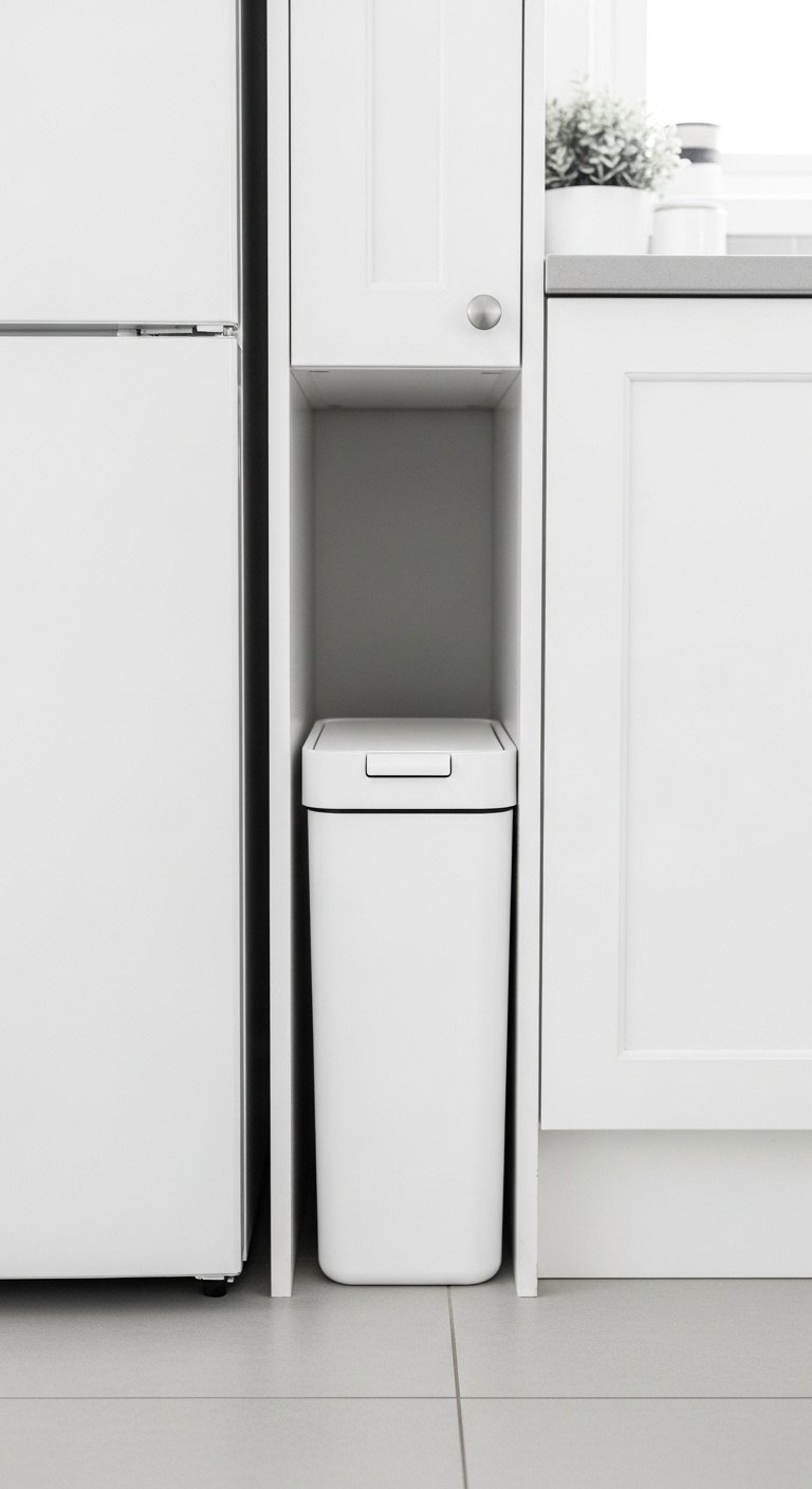 13 Genius Studio Apartment Kitchen Hacks That Save Space 23 Sleek white narrow trash can with lid, perfectly tucked between refrigerator and cabinet for space-saving kitchen organization. Home decor DIY.