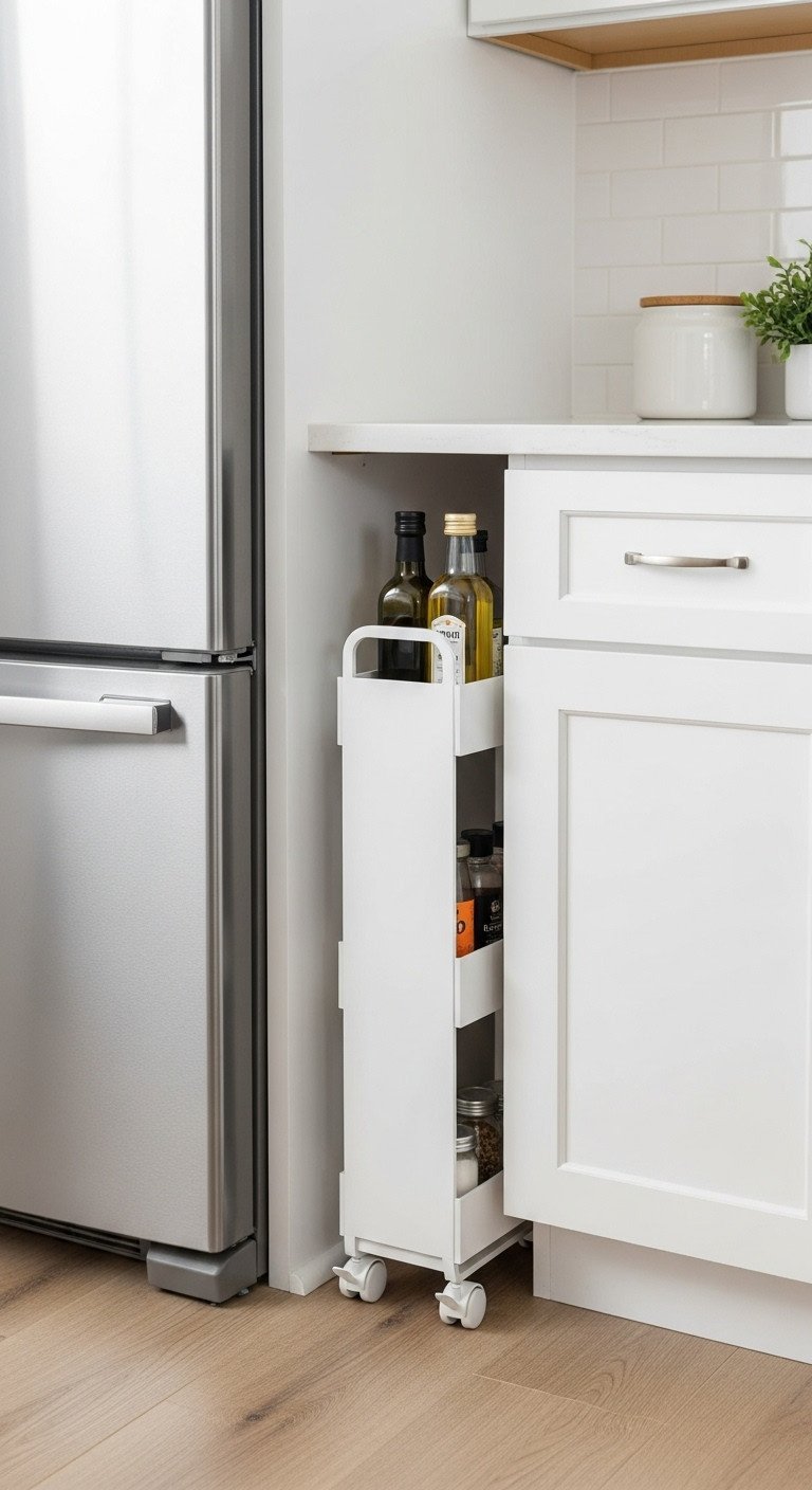 Sleek white slim rolling storage cart holding oil vinegar and spice jars tucked between refrigerator and kitchen counter