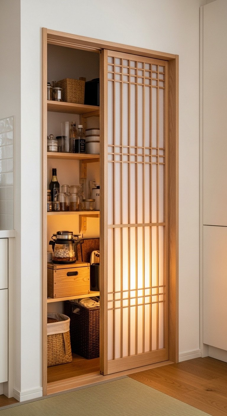 Sliding shoji screen pantry door with natural wood lattice and translucent rice paper glowing from within