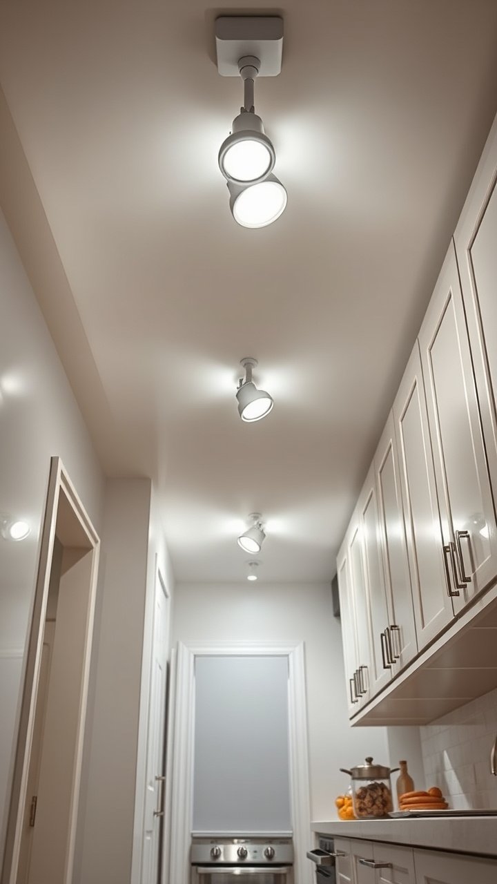 Brilliant Apartment Kitchen Lighting That Needs No Wiring 5 Slim rechargeable LED puck lights illuminate neatly organized glass jars of pasta, beans, and flour in a dark wood kitchen pantry.
