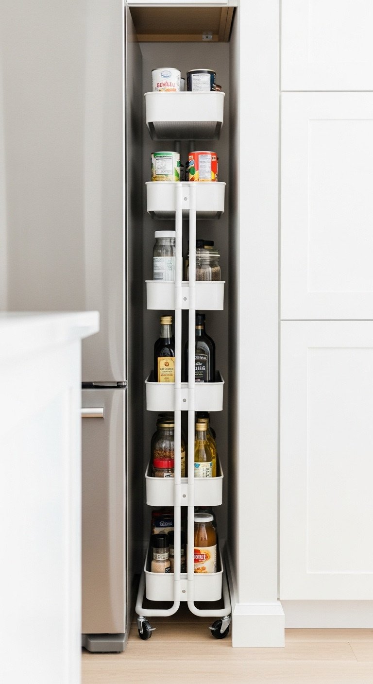 Slim rolling storage cart organizing pantry items in a narrow kitchen gap