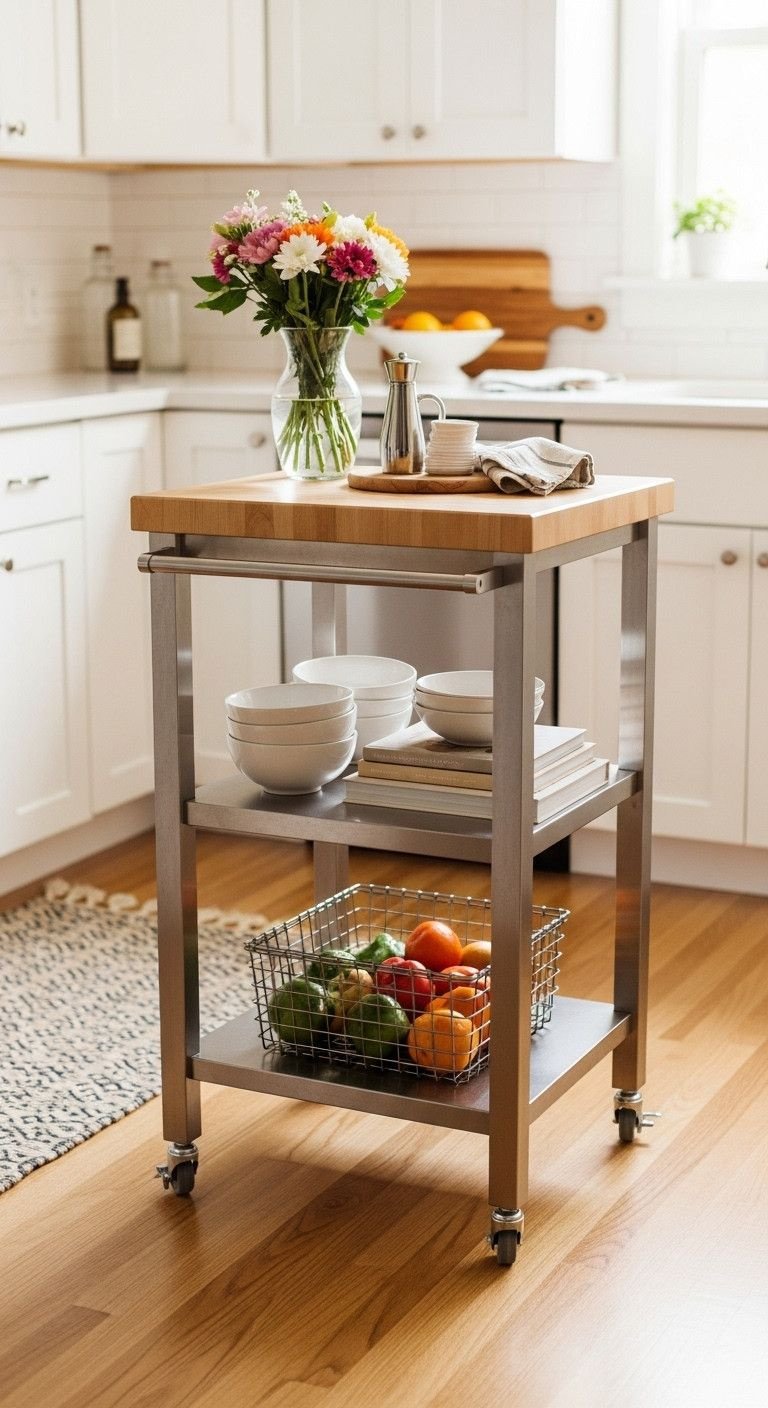 Slim stainless steel rolling kitchen cart with butcher block top, organized with bowls & produce in a small kitchen.