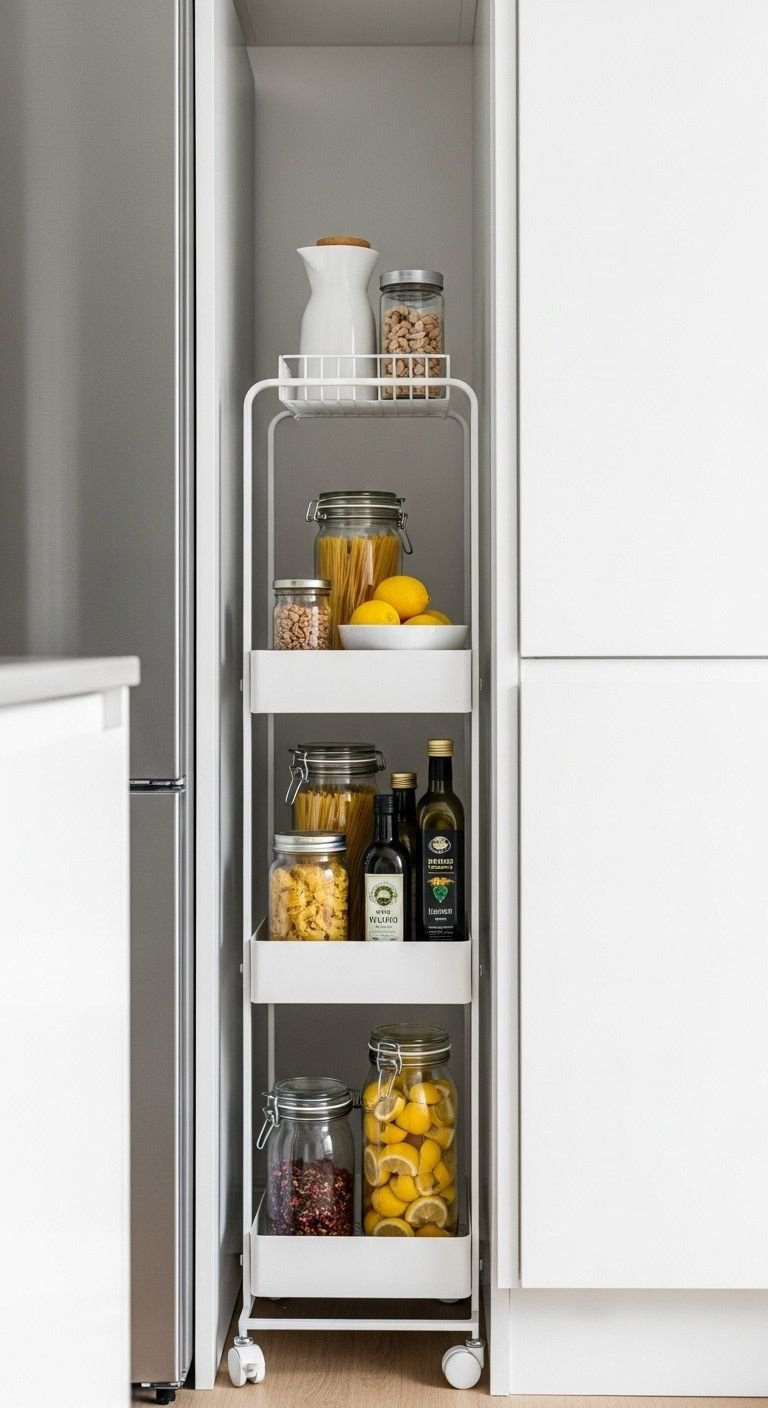 Slim white metal rolling utility cart, functioning as a mini pantry with jars, oils, and lemons, in a modern kitchen.