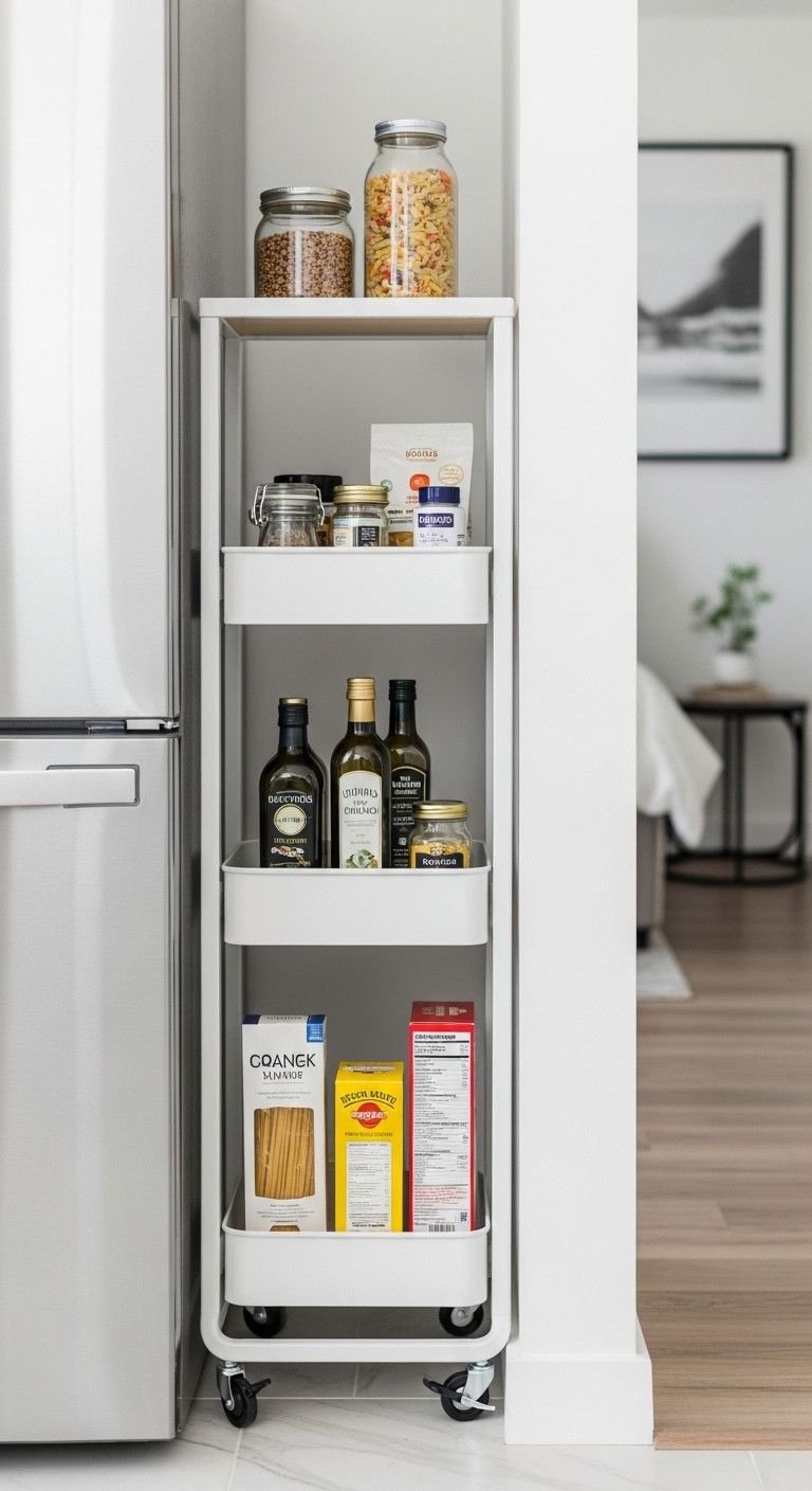 Small Studio Apartment Kitchen Designs That Actually Work 13 Slim white rolling storage cart holding spices, oil, pasta, from fridge gap. Clever narrow kitchen pantry solution.