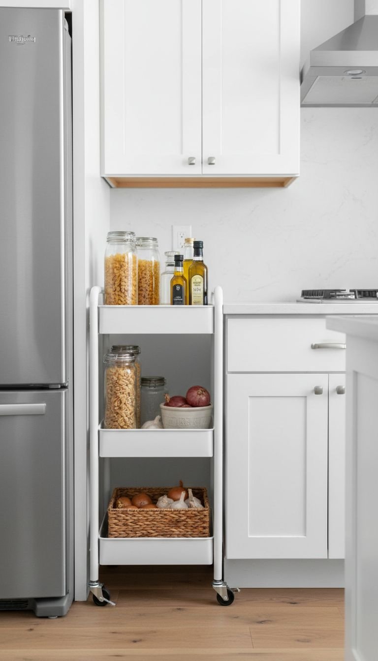 Slim white rolling utility cart with pasta, olive oil, and onions in a modern small kitchen. Space-saving kitchen storage solution.