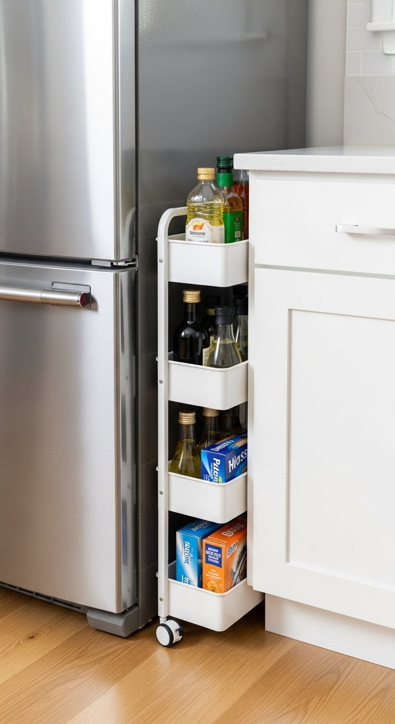 11 Smart Apartment Kitchen Organization Ideas For Renters 5 Slim white three-tiered rolling storage cart, partially pulled out, between refrigerator and counter, holding cooking oils, vinegar, and wraps.