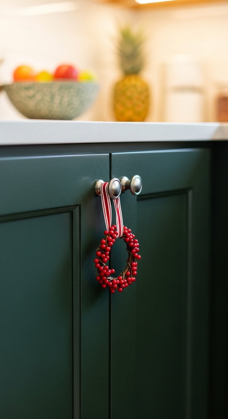 7 Genius Dollar Tree Christmas Kitchen Decor Ideas 5 Small Christmas wreath with red berries and striped ribbon hanging from a dark green kitchen cabinet knob with blurred fruit bowl background