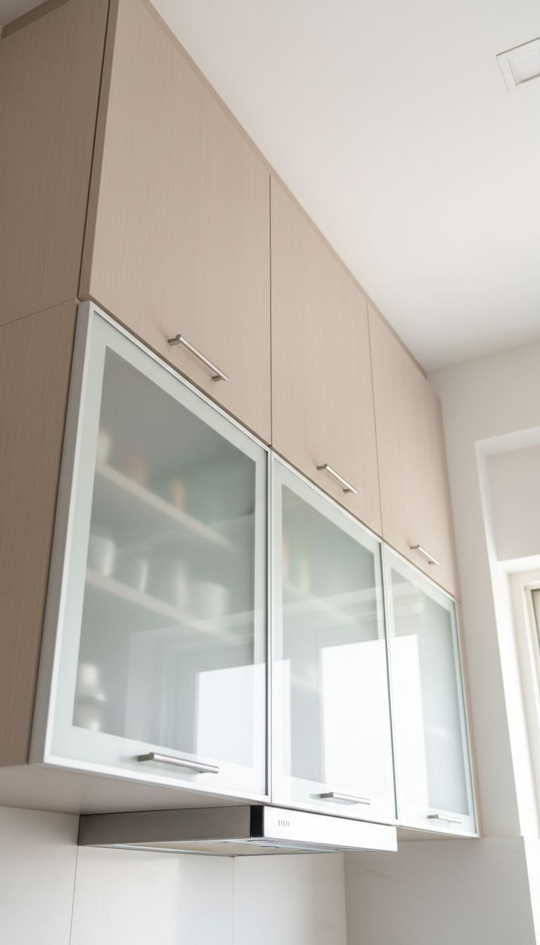 Small Indian kitchen with ceiling-height beige cabinets, frosted glass fronts, and loft storage for maximum vertical space.
