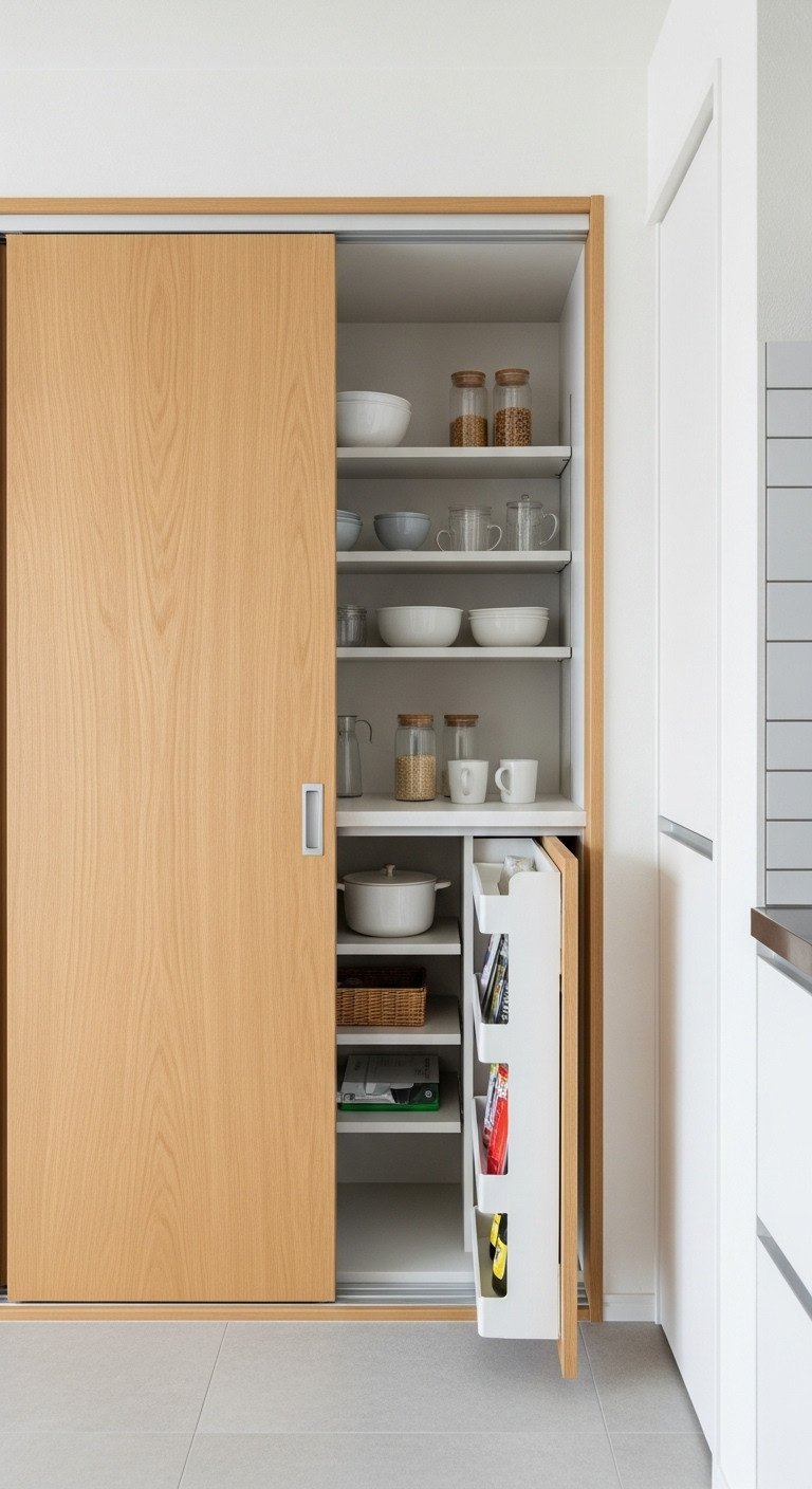 Small Japanese kitchen with partially open light wood sliding pantry doors revealing organized shelves and light gray tile floor
