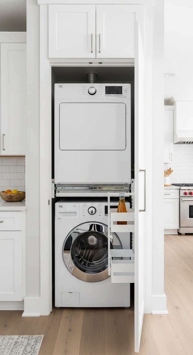 Small apartment kitchen: open narrow closet reveals stackable washer and dryer with an extended pull-out folding shelf.