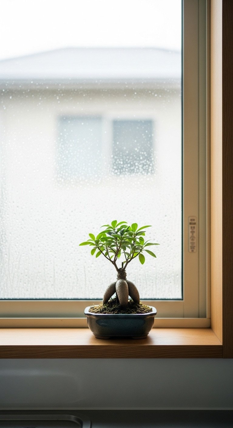 Small bonsai tree in a low profile ceramic pot on a kitchen windowsill