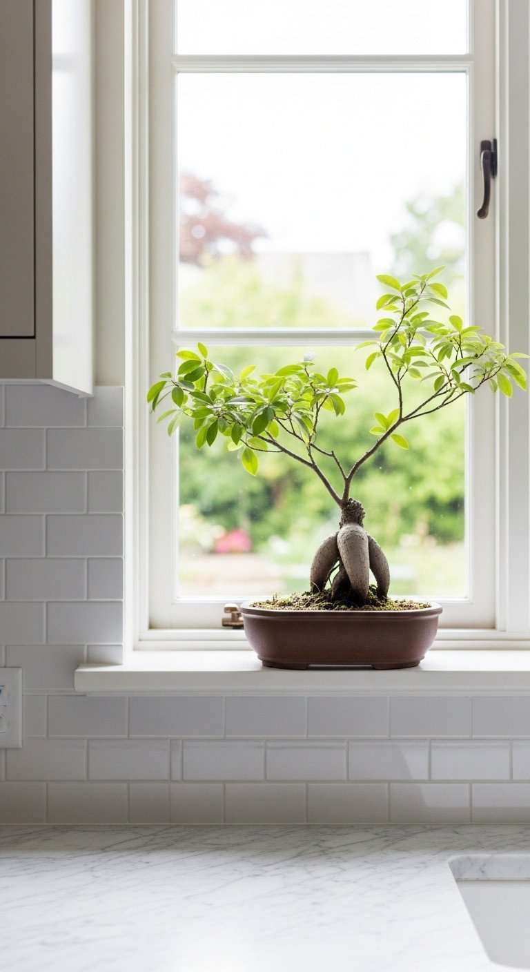 Small bonsai tree or sculptural branch in a vase on a kitchen windowsill with natural light