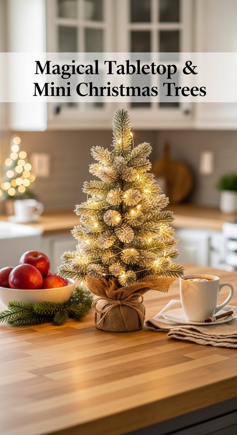 Small flocked tabletop Christmas tree with warm white fairy lights in a burlap base on a kitchen island