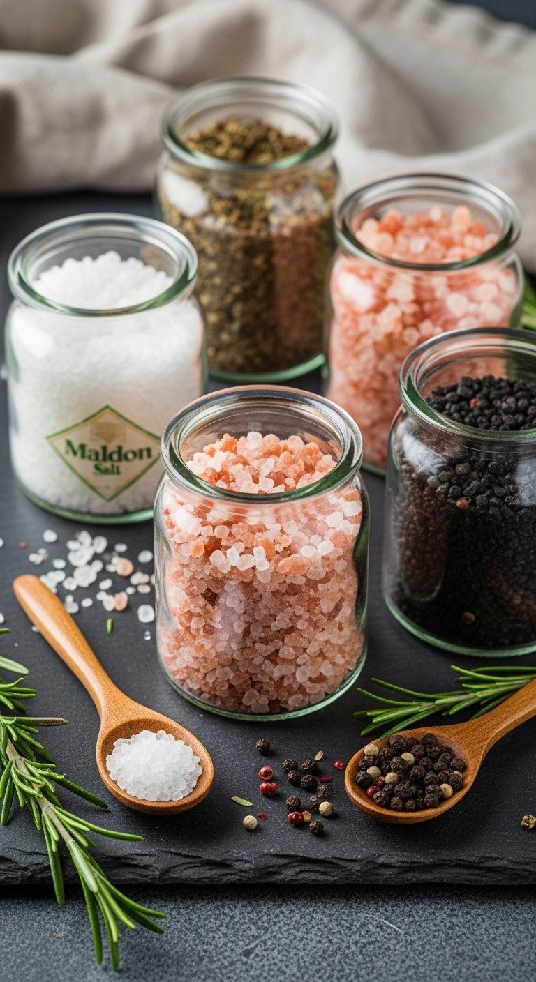 Small glass jars with flaky white, pink Himalayan, and black lava salts on a dark slate surface