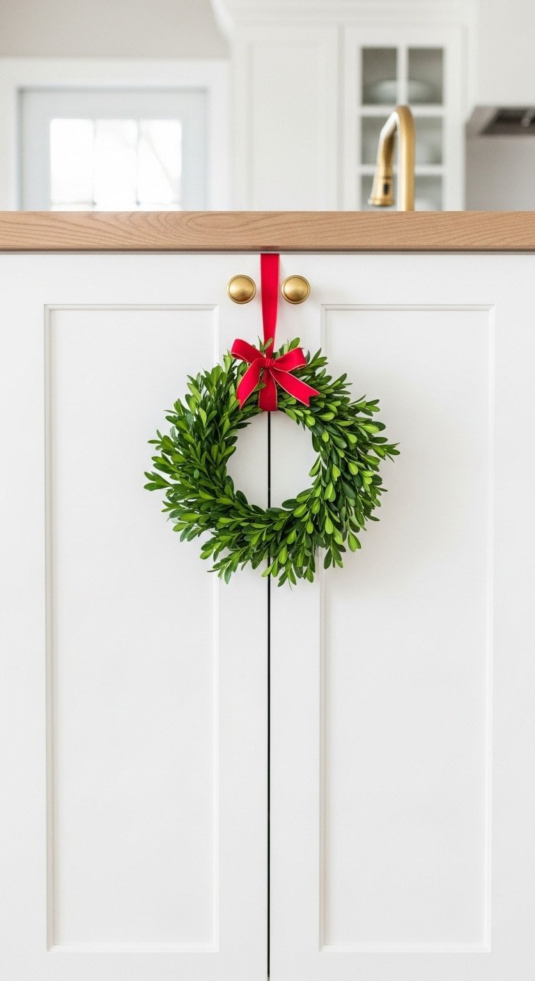 Small green boxwood wreath with red ribbon on a white shaker kitchen cabinet for minimalist Christmas decor