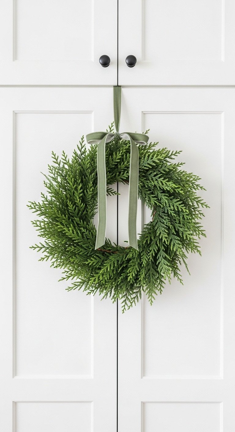 Small green cedar wreath with sage green velvet ribbon hanging on a white kitchen cabinet
