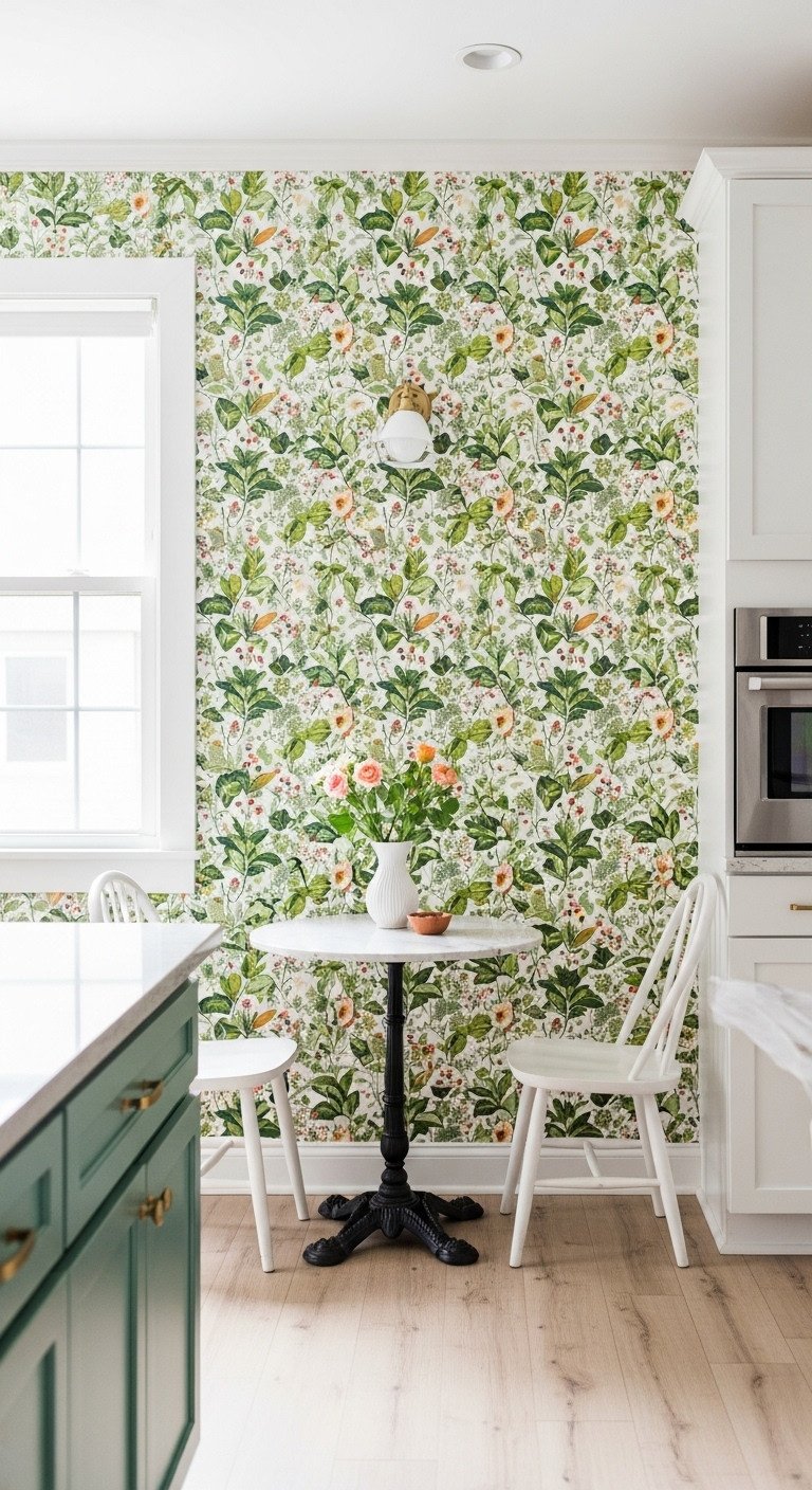 Small kitchen nook transformed with bold botanical print removable wallpaper on an accent wall behind a cafe table and chairs