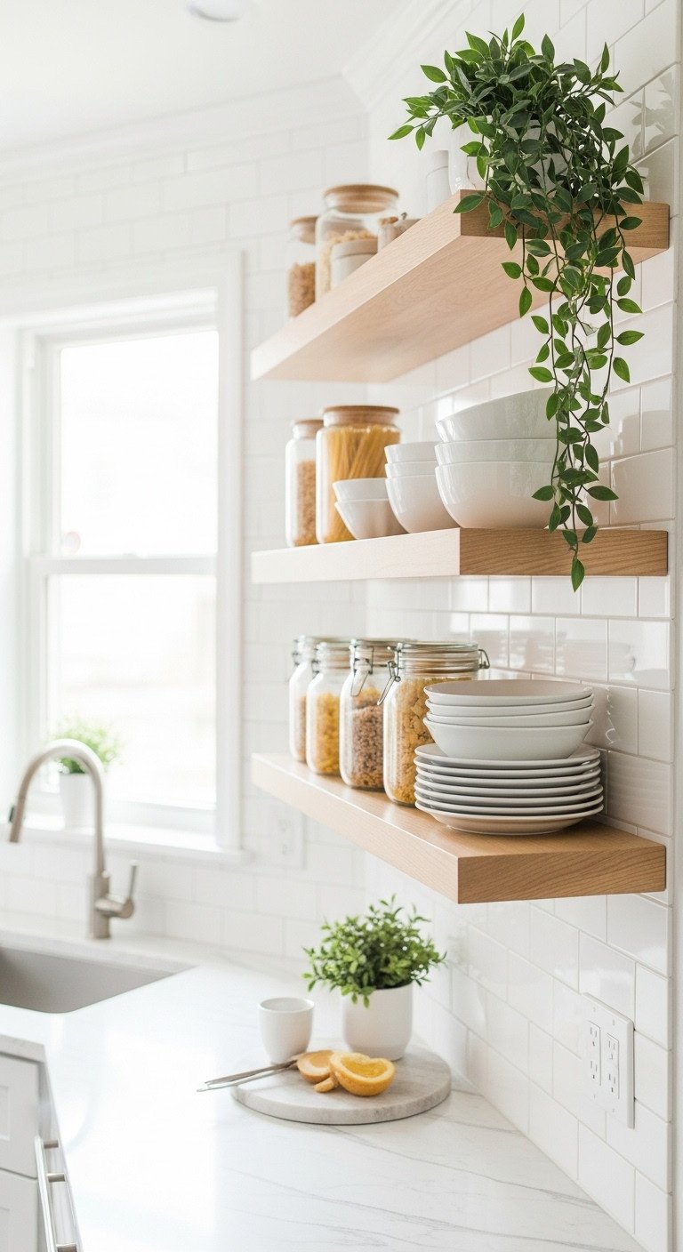 11 Genius Apartment Kitchen Design Ideas For Small Spaces 1 Small kitchen with organized light wood open shelves, white ceramic dishes, glass jars, and a pothos plant on white tiles.