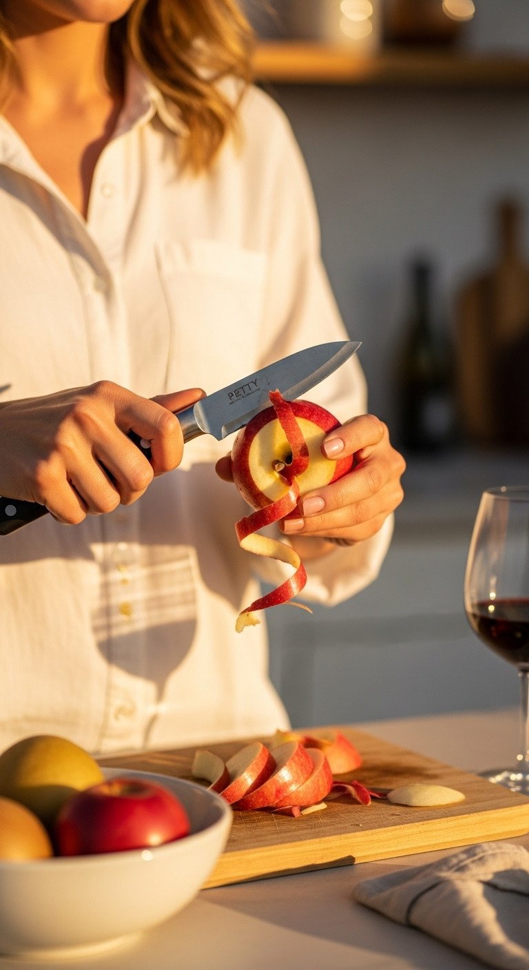 Small nimble Petty knife delicately peeling an apple in a continuous spiral in a cozy kitchen with a bowl of fruit and wine