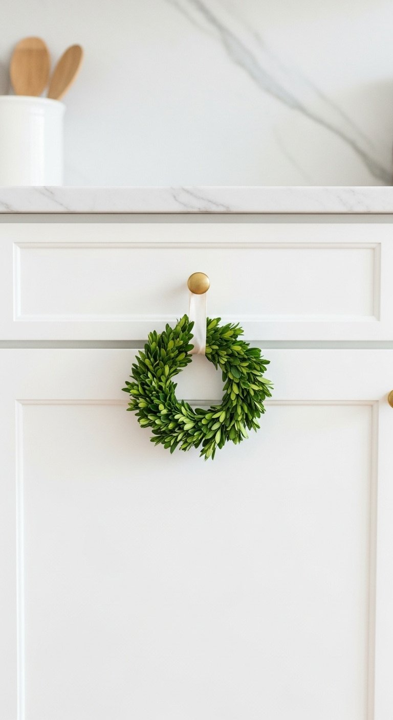 Small preserved boxwood wreath with cream silk ribbon on a white shaker kitchen cabinet, enhancing bright Christmas kitchen decor.