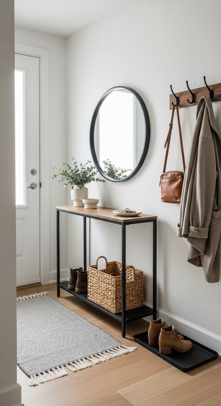 13 Genius Open Concept Apartment Ideas To Create Perfect Flow 17 Small, stylish faux entryway in open concept apartment. Slim console table, round mirror, woven shoe basket, wall hook.