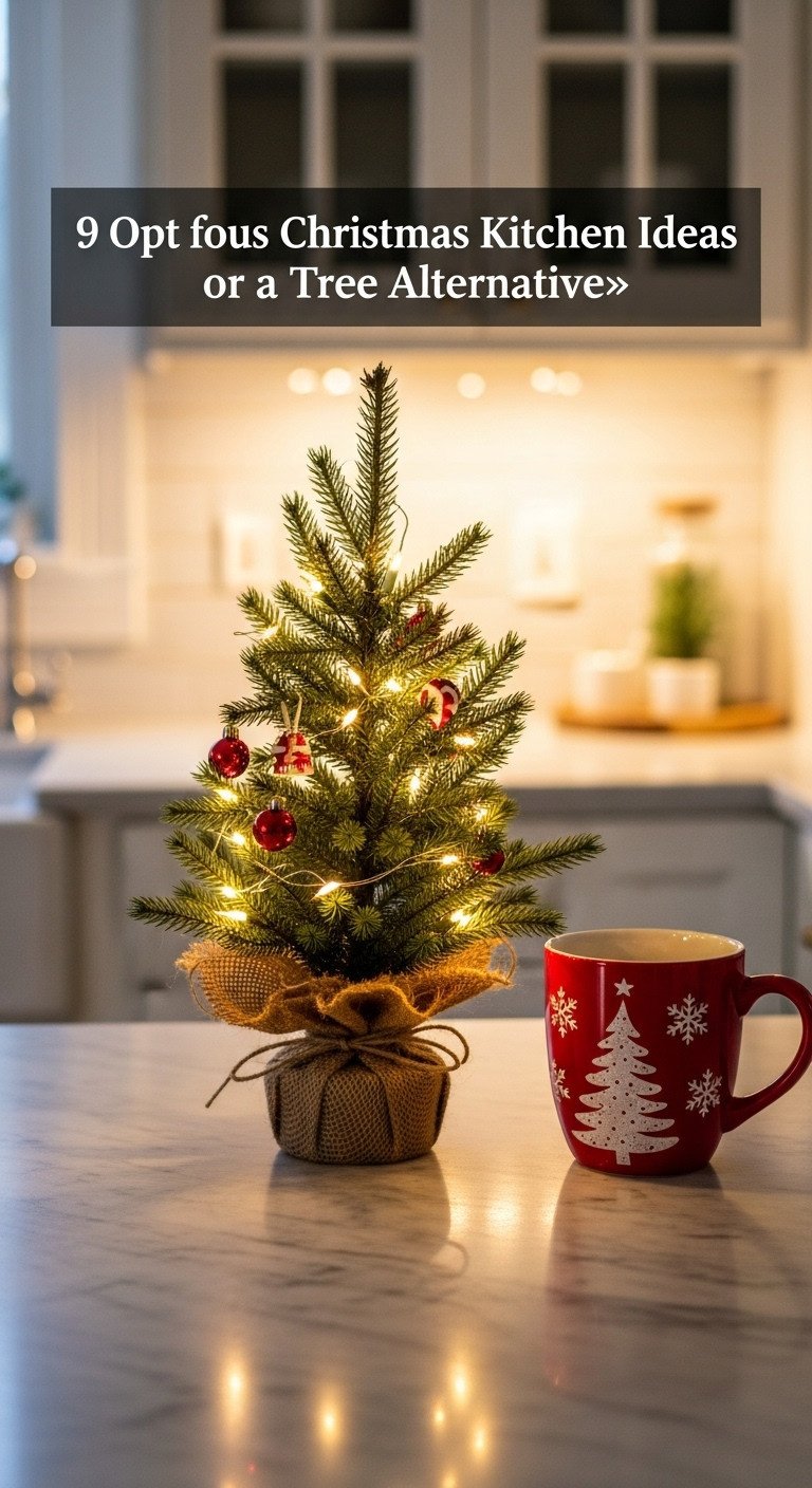 Small tabletop Christmas tree with fairy lights and mini red ornaments on a marble kitchen counter in cozy evening light