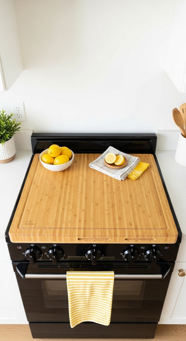 Small tidy kitchen with a beautiful bamboo cutting board style stove top cover, fresh lemons, and a linen tea towel