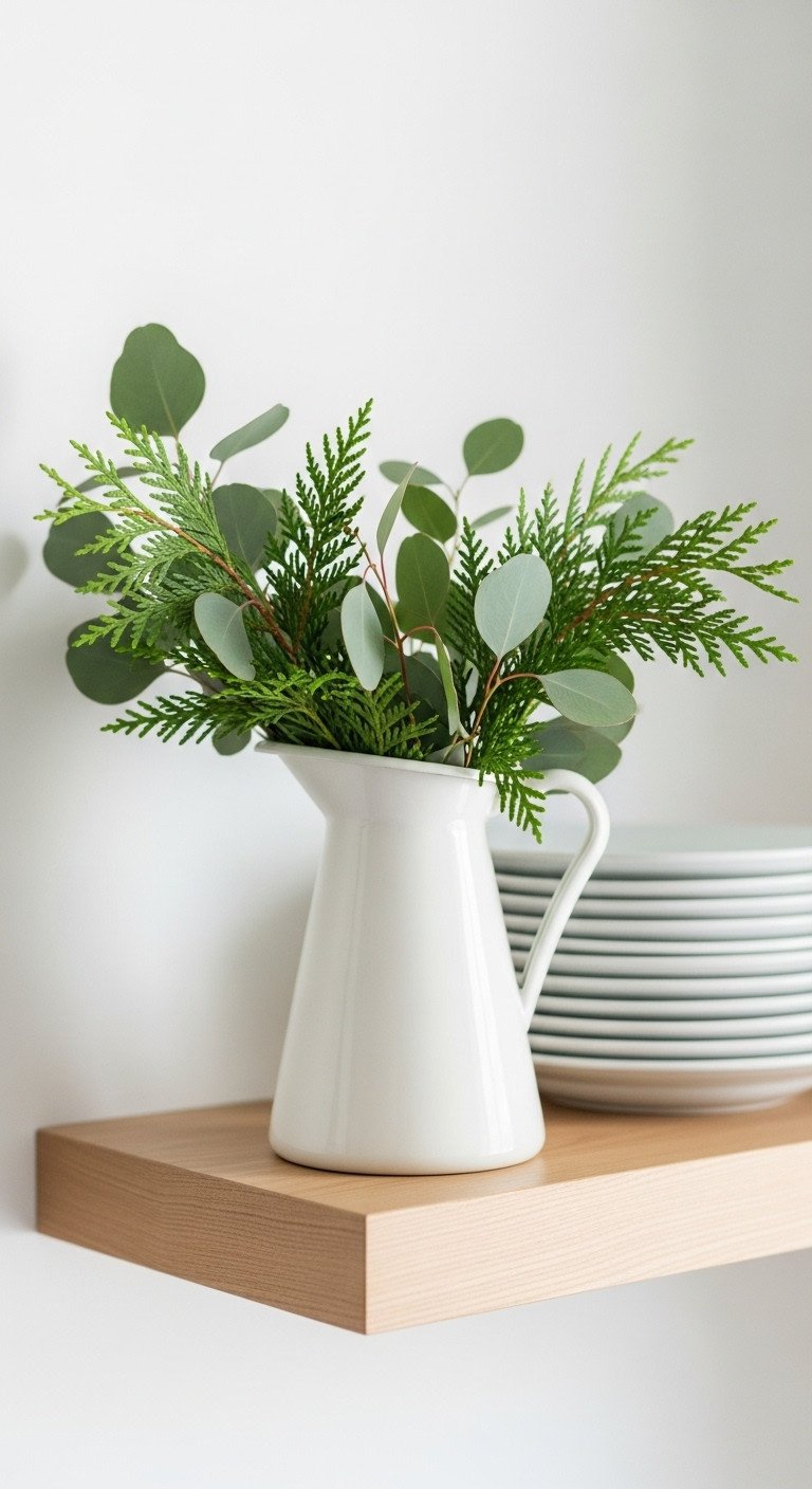 Small white ceramic pitcher filled with fresh cedar and eucalyptus branches on a kitchen floating shelf