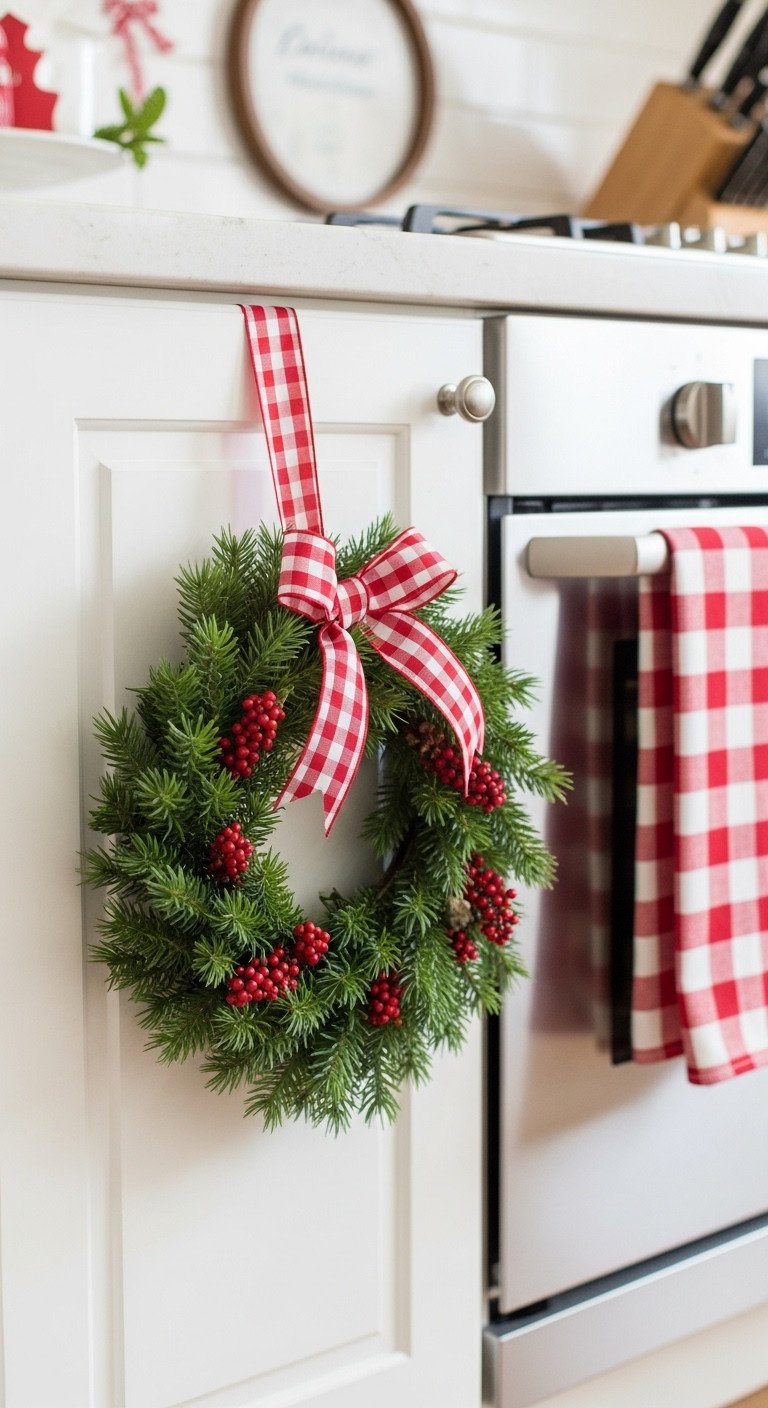 Small wreath with red and white buffalo check ribbon on a white kitchen cabinet door for Christmas decor