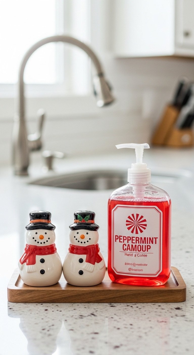 Snowman salt and pepper shakers with peppermint hand soap on a wooden tray in a festive kitchen