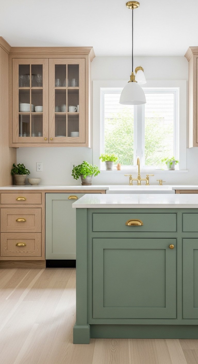 11 Japanese Kitchen Color Schemes For A Tranquil Home 9 Soft gray-greens Japandi kitchen with sage green island natural wood cabinets and fresh herbs