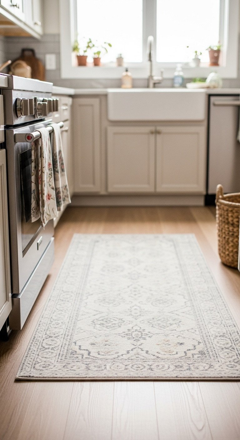 Soft-patterned runner rug on a light wood floor leading into a cozy feminine kitchen with linen towel and woven basket.