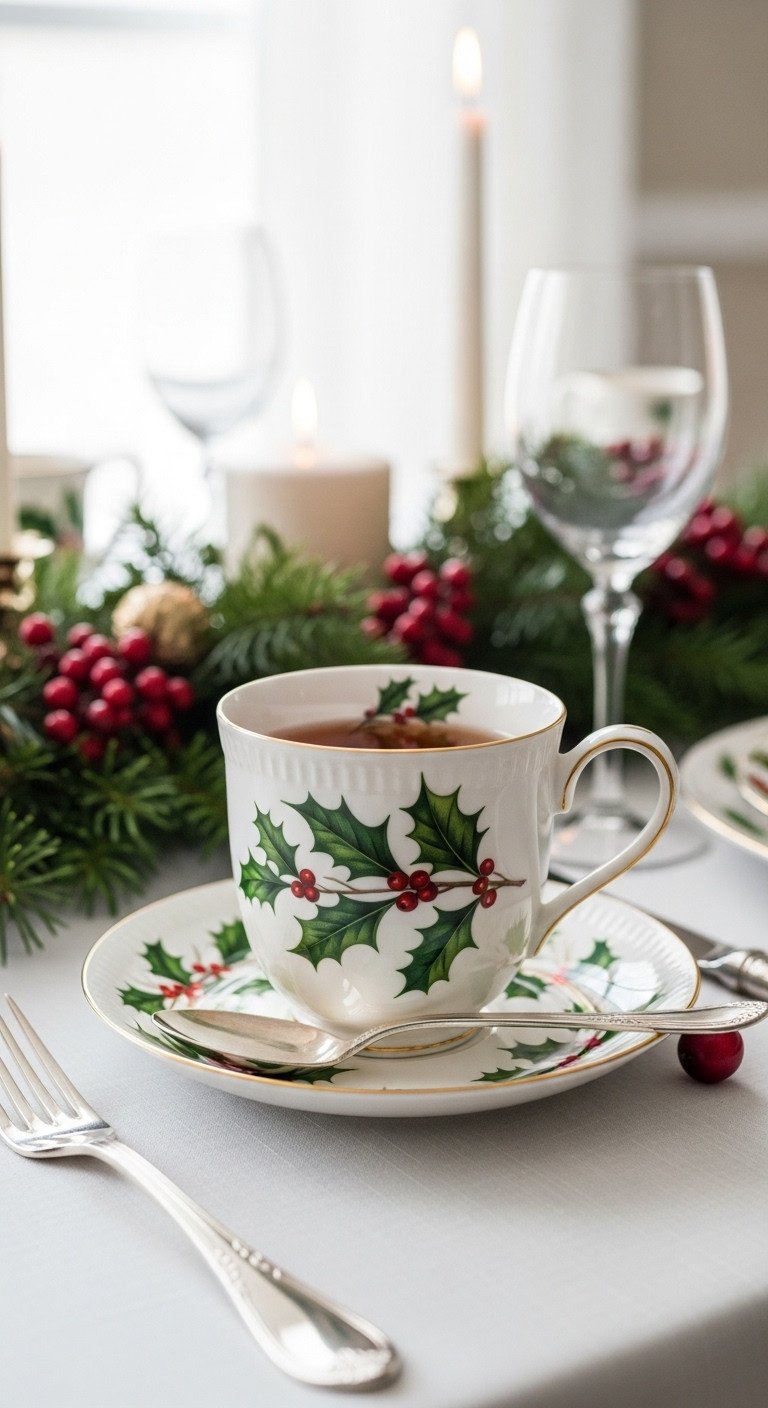Sophisticated holiday table setting with an elegant porcelain mug featuring holly berries and gold rim filled with tea