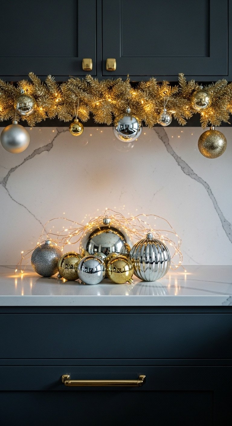 Sophisticated kitchen elegant Christmas decor above dark cabinets glittering gold garland fairy lights mercury glass ornaments