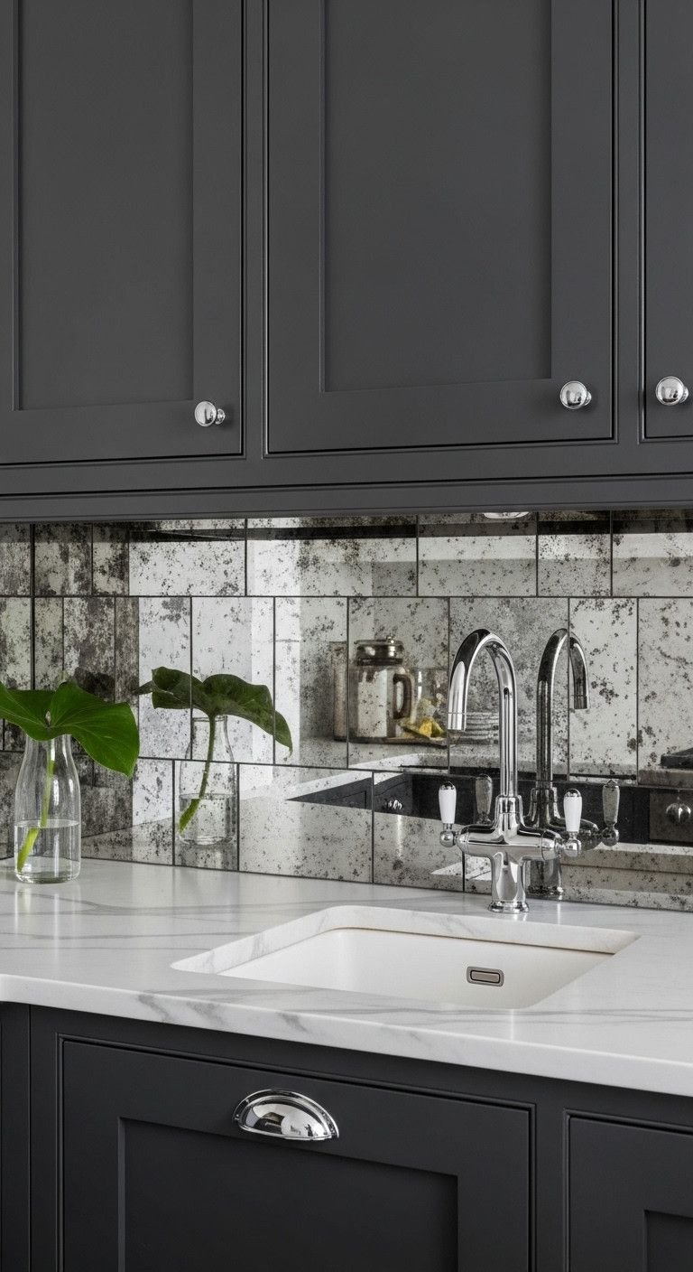 9 Genius Small Kitchen Layouts That Maximize Every Inch 11 Sophisticated kitchen with antiqued mirrored tile backsplash, white marble counter, and dark charcoal cabinets.