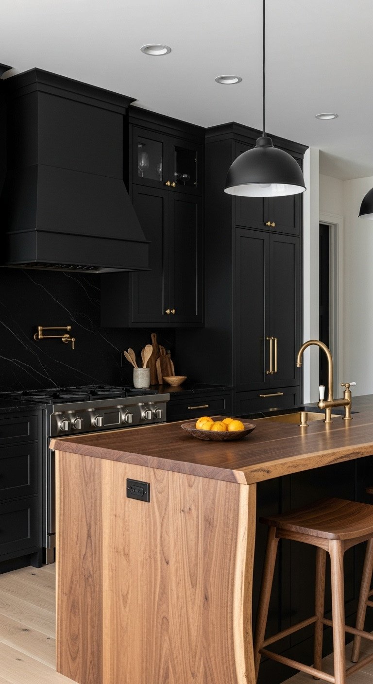 11 Japanese Kitchen Color Schemes For A Tranquil Home 7 Sophisticated monochromatic black Japandi kitchen with matte black cabinets warm live edge wood and brass accents