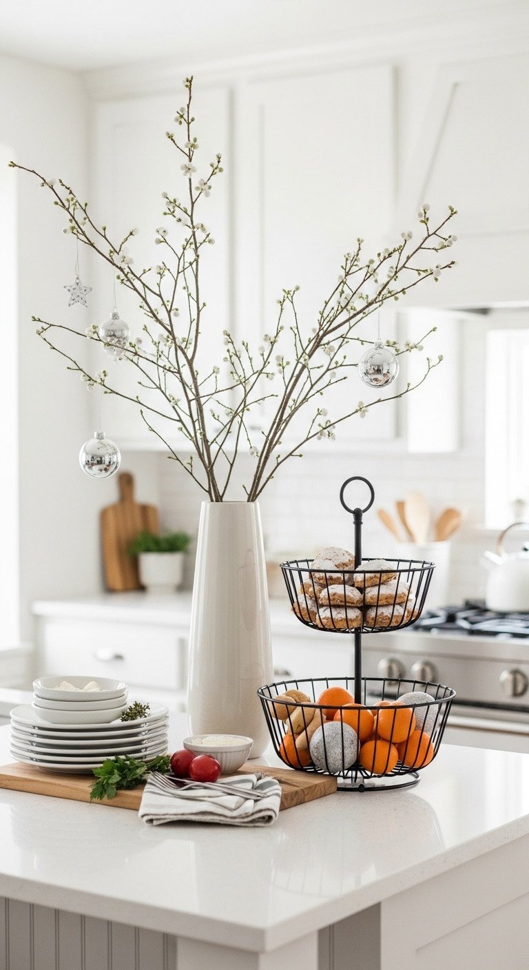 Space-saving Christmas kitchen island decor: tall vase with ornaments, tiered fruit basket with holiday treats.