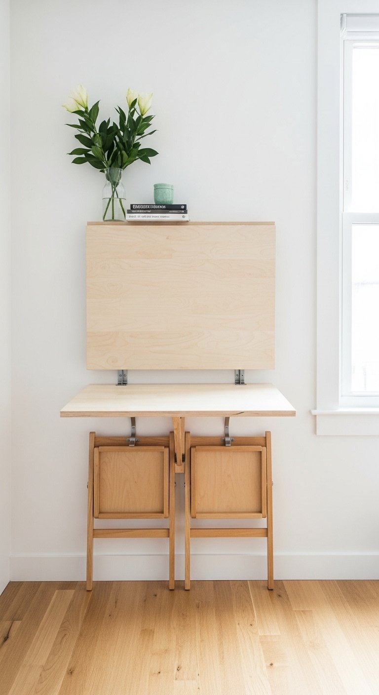 13 Genius Studio Apartment Kitchen Hacks That Save Space 16 Space-saving wall-mounted drop-leaf table folded down with folding chairs hung below, ideal for studio apartments. Home decor DIY.