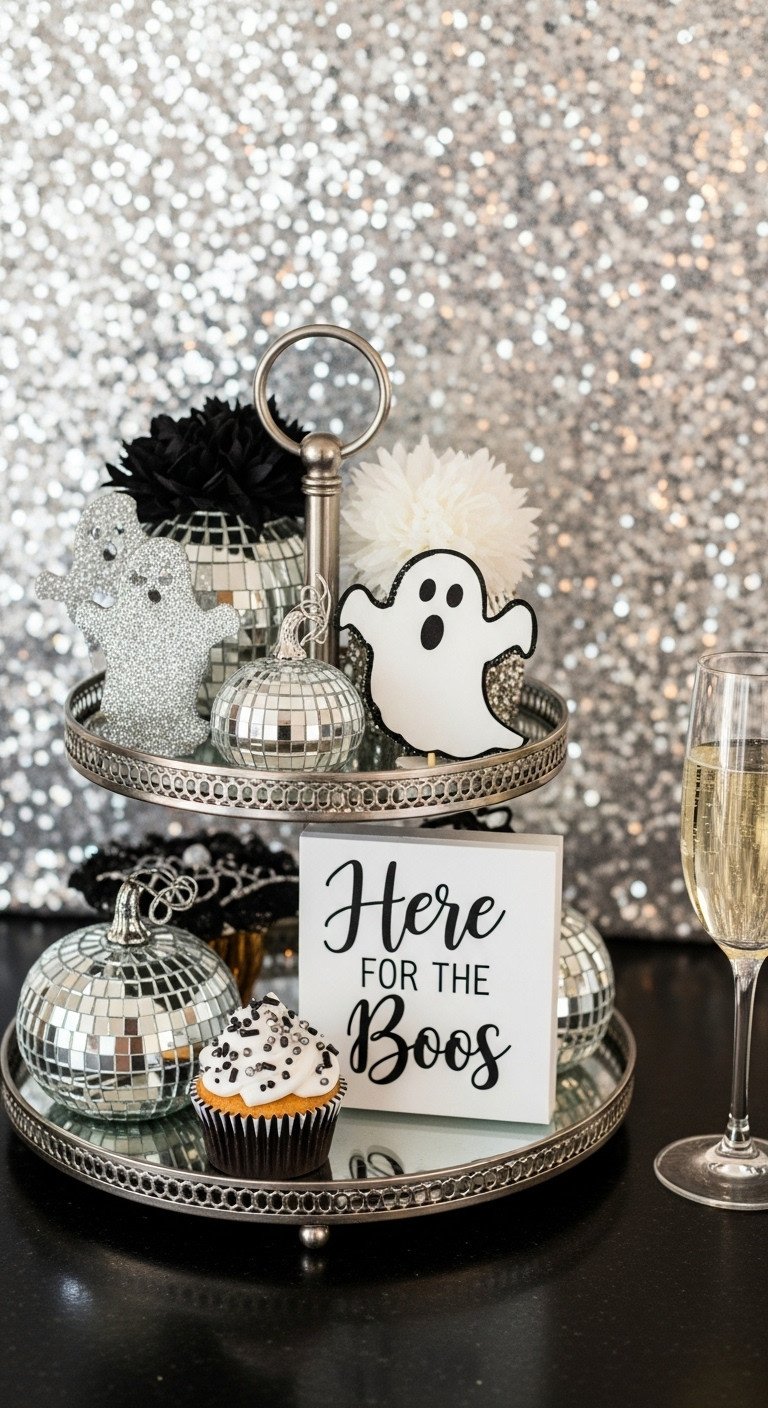 Sparkle and Spook tiered tray with mirrored pumpkins glittery ghosts cupcakes and a champagne flute